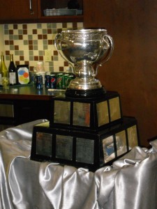 A trophy sitting on a table