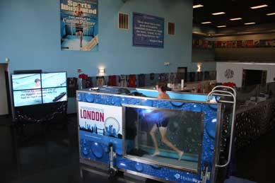 Jeff in HydroWorx RTL Fishtank London ad on side of HydroWorx treadmill tank