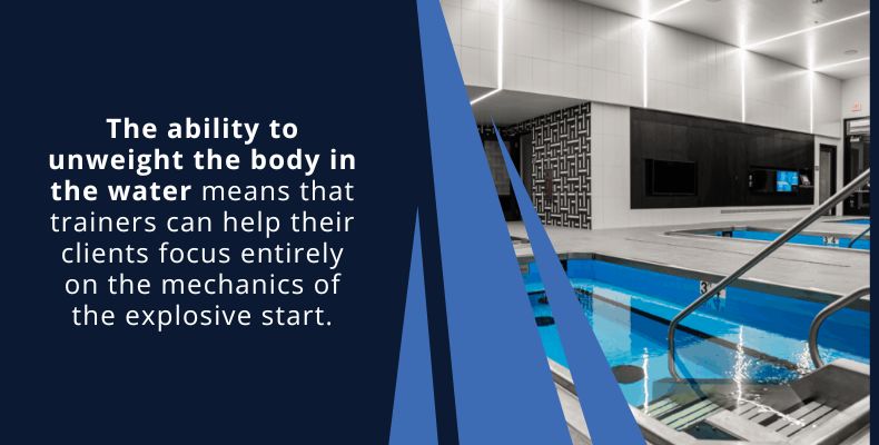 The ability to unweight the body in the water means that trainers can help their clients focus entirely on the mechanics of the explosive start.